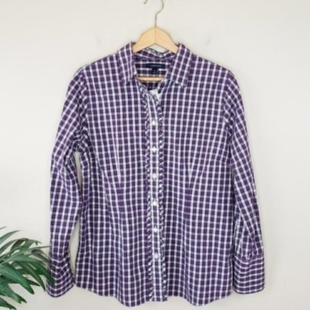 NWT Lands' End | Purple Plaid Ruffle Button Front Shirt Size 14
